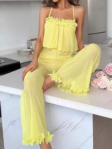 Côtesoire Bộ đồ gồm áo hai lớp chiffon và quần ống rộng, trang trí họa tiết hoa 3D. - Màu vàng - Xem 5