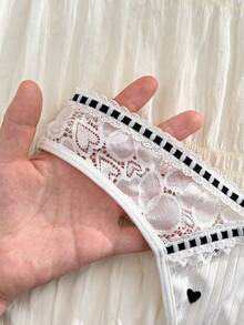 PetitDoll 2件套女士心形印花蕾丝拼接内衣套装，包含甜美文胸和内裤 - 黑與白 - 查看 5