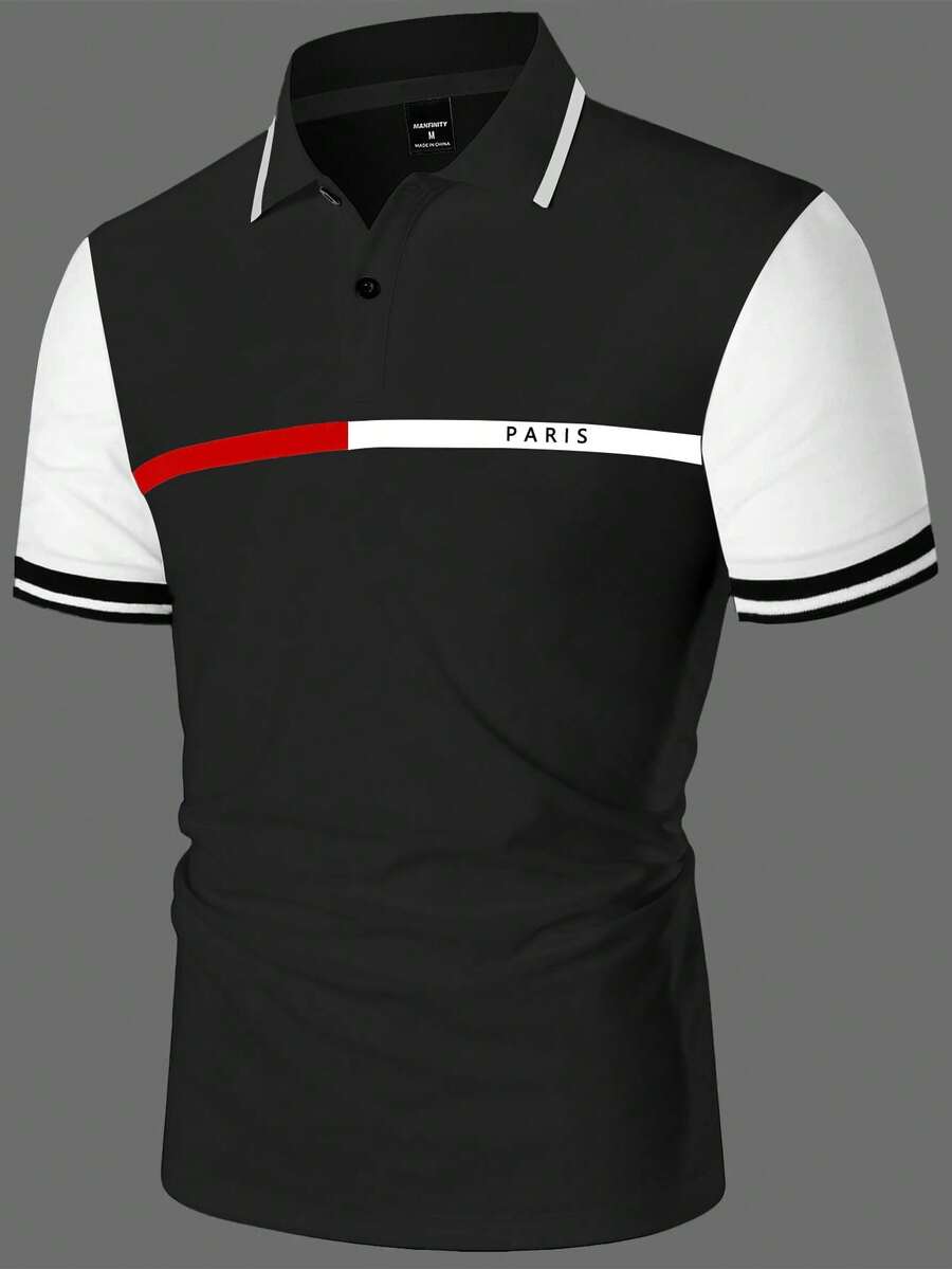 Calvornis 男士對比色短袖半開襟休閒夏季日常正式 Polo 衫，儀式適用 - 彩色 - 查看 1