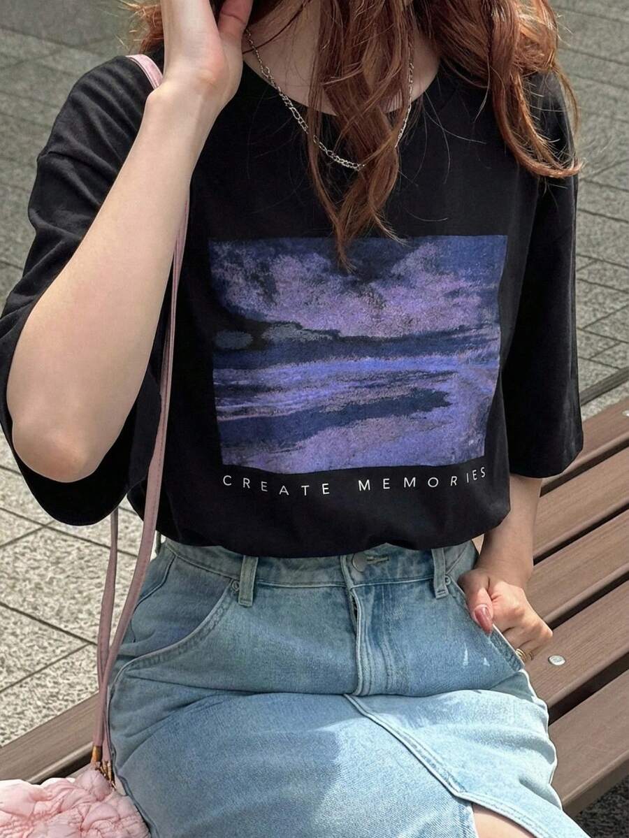 FRIFUL T-shirt imprimé à col rond et manches courtes pour femmes, ample, décontracté et polyvalent pour l'été - Noir - Voir 1