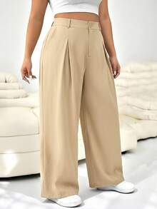 Solflare Plus Size Solid Color Button Casual Wide Leg Pants, Suitable For Graduation, Back To School, Teacher Outfits For Women, Khaki Color - Khaki - View 1