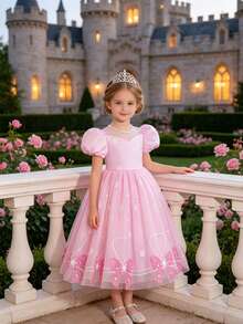 Glamorique Kids 女童粉色蝴蝶结雪花印花薄纱缎面连衣裙，可爱公主裙，儿童生日派对礼服，婚礼宾客礼服，手工串珠蓬蓬裙 - 粉色 - 查看 7