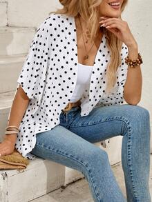 EMERY ROSE Women's Polka Dot Print Batwing Sleeve Loose Lightweight Jacket, Beach/Resort Style, Spring/Summer - White - View 7