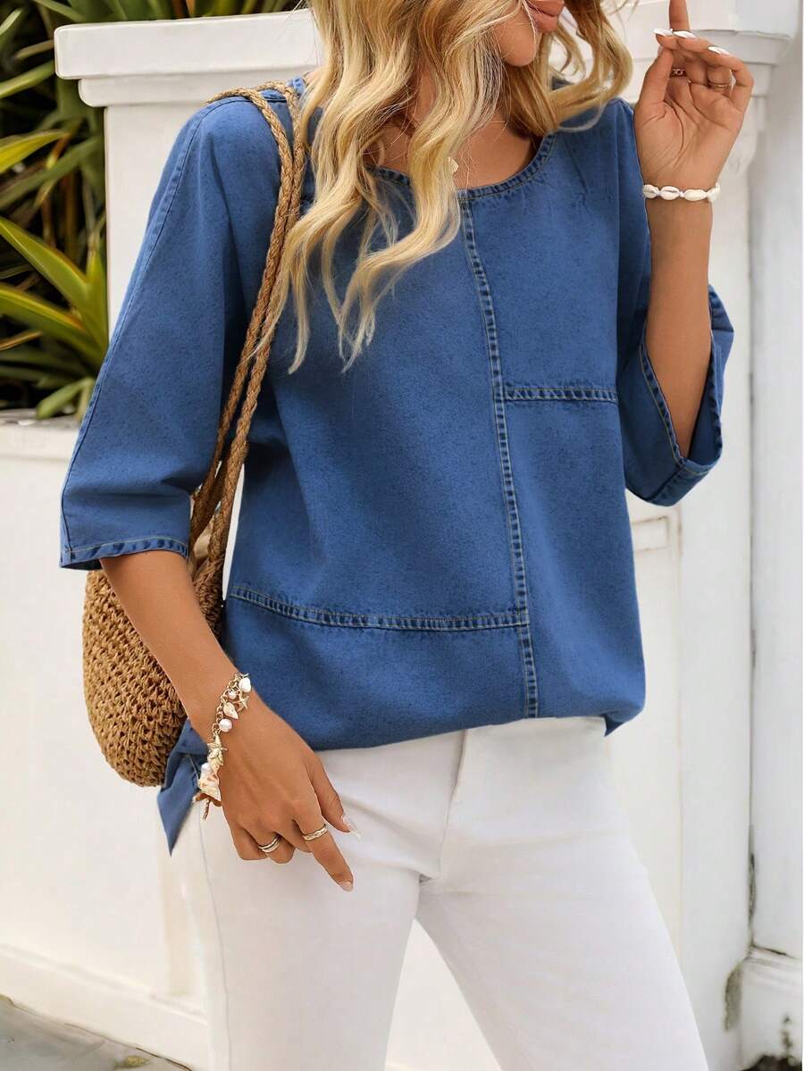EMERY ROSE Damen Große Größen Sommer Lässig Jeansbluse - Babyblau - Übersicht 1