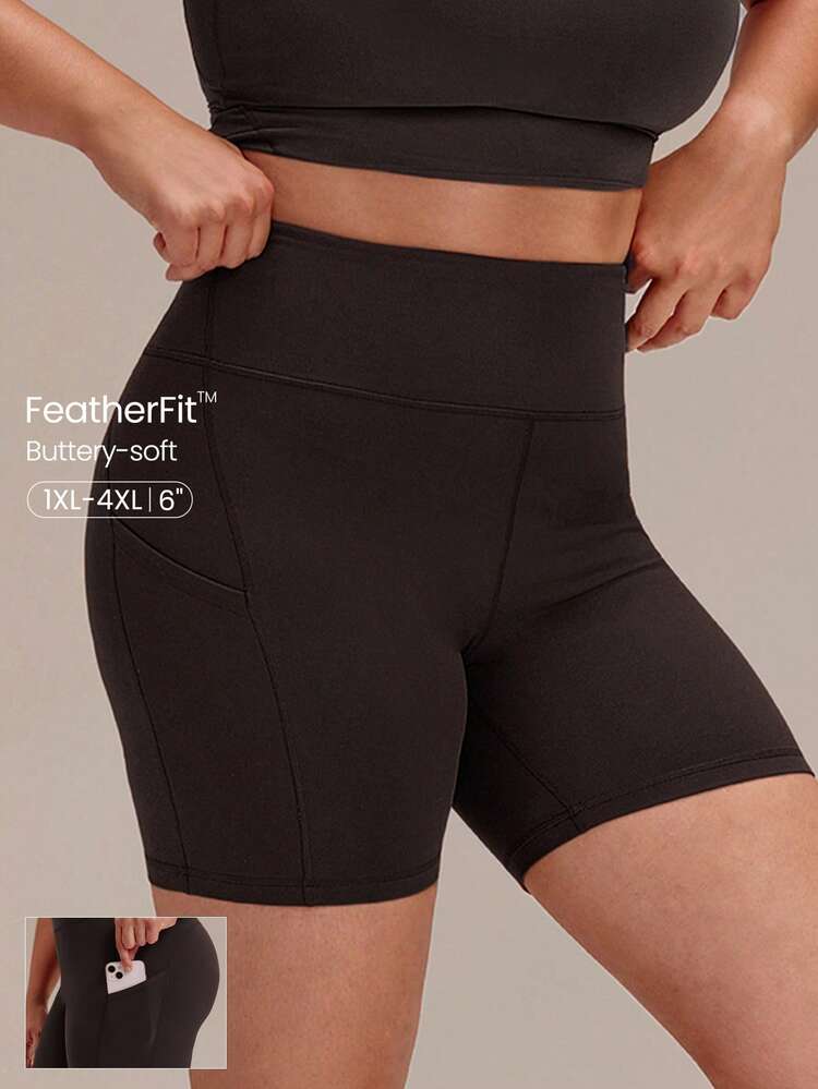6" Plus Size FeatherFit™ All Day Buttery-Soft High Waist Biker Shorts With Side Pockets Pilates Yoga Studio Daily Wear