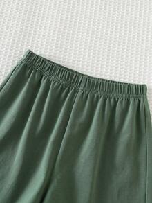Cozy Pixies 2 pièces/set Top à manches courtes col rond en tricot doux avec imprimé animal de dessin animé pour jeune garçon et short à taille élastique - Vert - Voir 7