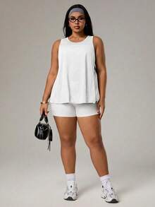 Rhythm Era Plus Size Women Summer Geometric Cross Wrap Loose Fit Sports Tank Top - White - View 6