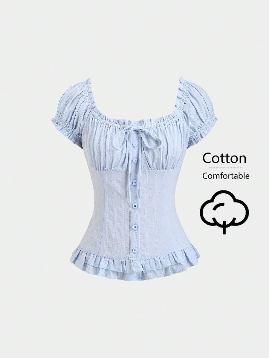 Sweetra Women's Summer Cotton Textured Jacquard Ruffle Tie Sleeve Blouse - Blue - View 1