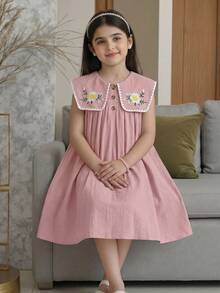 SHEIN Tween Girls/Tween Girl Girls Pastoral Floral Embroidered Pattern Ruffle Collar Puff Sleeve Dress,Versatile Round Neck Trim Contrast Color - Pink - View 3