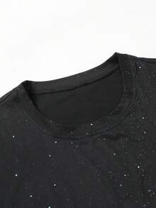 Manfinity X 男士黑色星空宇宙印花短袖上衣，高级定制奢华休闲单品，时尚休闲银箔印花短袖T恤，夏季星空衬衫街头服饰上衣 - 黑色 - 查看 6