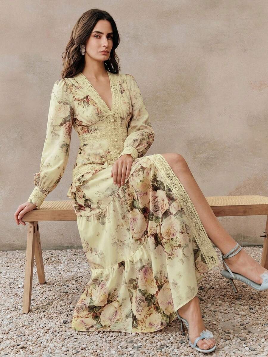 Anewsta Đầm maxi dài tay cổ chữ V thanh lịch, họa tiết hoa, phối ren và bèo nhún, thích hợp cho mùa xuân/hè. - Vàng nhạt - Xem 1