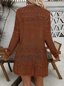 SHEIN LUNE Áo khoác cardigan dệt kim khoét lỗ, phong cách thường ngày dành cho nữ - Cà phê nâu - Xem 2