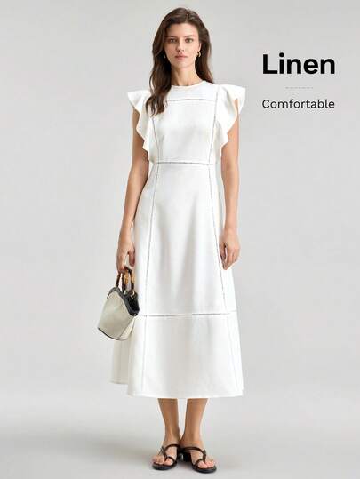 Ontre 2026 SS New Linen Blend Mid-Length Loose Dress, Round Neck, Hidden Zipper Back, Solid White/Beige, Linen Woven Fabric, Minimalist Elegant Urban Chic, Ruffle Sleeve, Patchwork Lace Trim, A-Line Silhouette, Waist Cinched, Suitable For Outings, Vacation, Holidays, Tea Parties, Dates, Weddings, Office, School, Versatile Midi Dress For Women