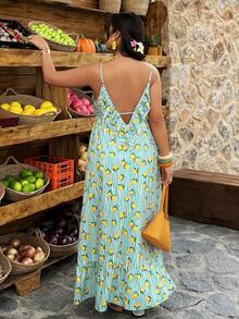 Weeklong Plus Size Women's Casual Vacation Dress With Ruffled Backless, Striped Lemon Print, A-Line, Spring/Summer - Multicolor - View 6