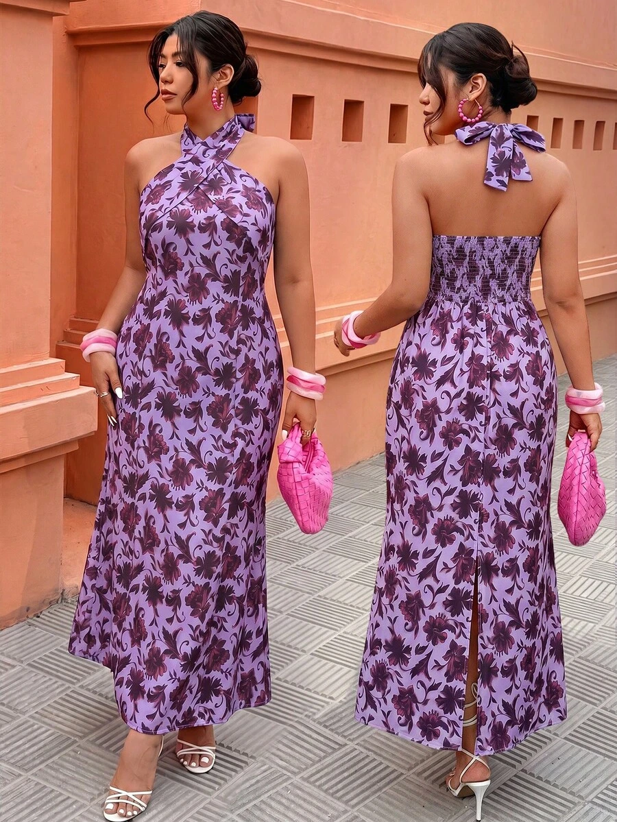 Weeklong Vestido con estampado floral morado con nudo retorcido en el cuello, vestido elegante de vacaciones para tallas grandes - Multicolor - Ver 1