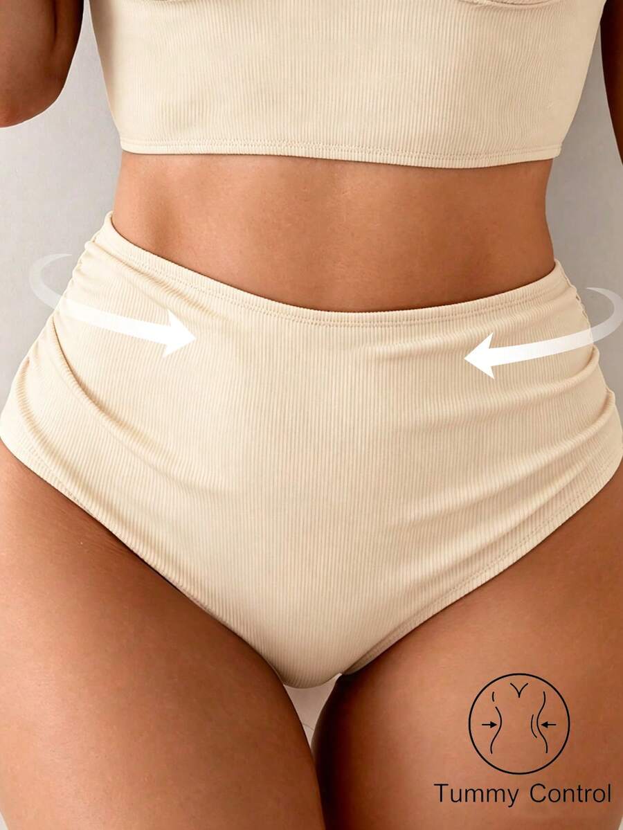 Shapewave Women's Summer Casual Vacation Ribbed High Waist Shorts, Tummy Control Black Swimwear Bottom - Apricot - View 1