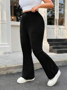SHEIN PETITE CURVE Quần ống loe đen dáng rộng dành cho nữ cỡ lớn, chất liệu co giãn, thích hợp mặc mùa hè, quần ống loe gân, quần legging viền bèo nhún, quần legging ống loe nữ. - màu đen - Xem 4