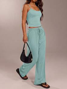 Avantive Women's Vacation Solid Color Camisole And Pants Casual Suit,Vacation Outfits Women,Summer Outfits For Women - Mint Green - View 6