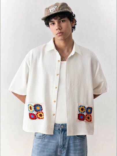 Manfinity Unisex Men's 75D Polyester Imitation Linen Crochet Short Sleeve Shirt