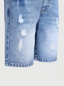 SHEIN Casuvi Kids 男童夏季新款时尚做旧百搭宽松直筒舒适牛仔短裤，适合日常、度假、上学、节日及休闲户外穿着 - 中等水洗藍 - 查看 7