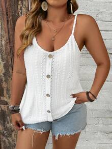 SHEIN PETITE CURVE Camiseta de tirantes de gasa de unicolor minimalista para mujer de talla grande, estilo casual de playa y vacaciones de verano - Blanco - Ver 4
