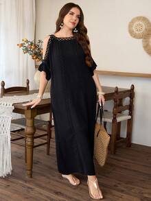 Lacomfia Gaun Panjang Wanita Ukuran Besar Elegan Kasual Longgar dengan Patchwork Renda, Leher Bulat, Bahu Terbuka, Lengan Teratai, Musim Semi/Panas - Hitam - View 7