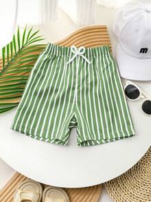 SHEIN Playful Pals Young Boy Casual Striped Suit Shorts,Holiday,Summer,Travel - Lime Green - View 3
