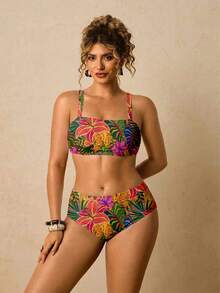 SHEIN TRVLCHIC Bộ đồ bơi gợi cảm in họa tiết rừng nhiệt đới dành cho nữ cỡ lớn, thích hợp cho mùa hè. - Nhiều màu - Xem 3