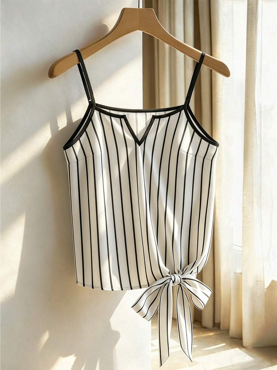 GlowEve Áo hai dây nữ màu mơ, kẻ sọc đen, in kỹ thuật số, dây đeo có thể điều chỉnh, cổ chữ V nhỏ, thắt eo, tôn dáng, thanh lịch, đa năng, gợi cảm, thích hợp cho công sở. - Màu be - Xem 1