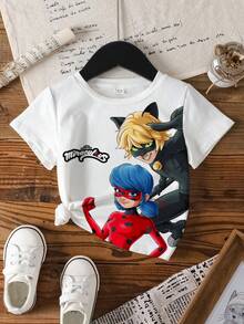 Miraculous Ladybug X SHEIN 女童圆领卡通字母印花休闲百搭日常短袖T恤 - 白色 - 查看 7