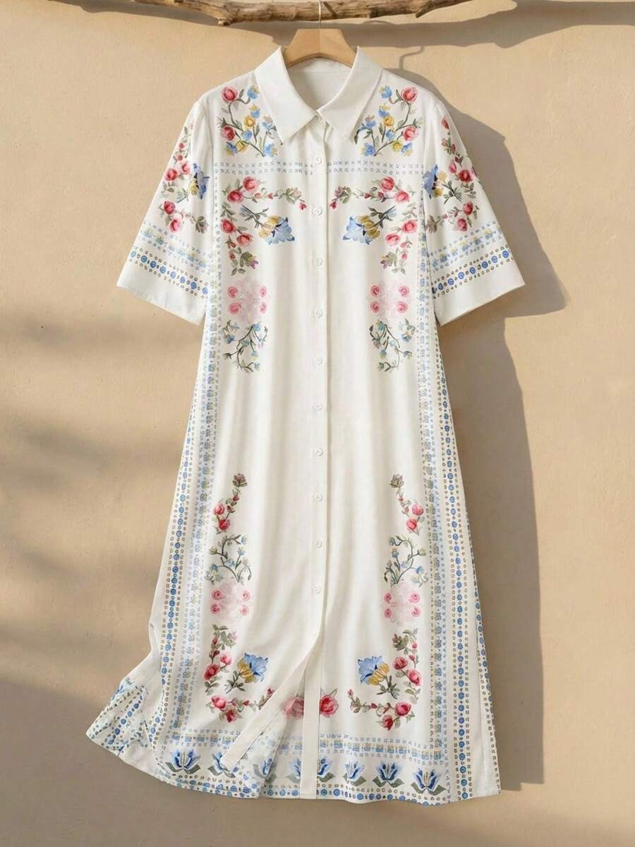 Rusticease Đầm dài tay lửng cài cúc phía trước in họa tiết hoa retro dành cho nữ, thích hợp cho mùa hè. - Nhiều màu - Xem 1