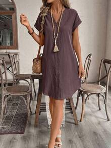SHEIN Tall CURVE Đầm cotton đơn giản, màu trơn, cài cúc đơn dành cho nữ cỡ lớn - màu nâu - Xem 4