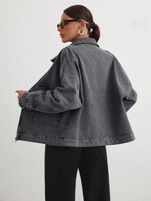Women Casual Lightweight Denim Jacket - Grey - View 2