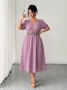 SHEIN Elenzya Plus Size Elegant Purple Summer Embroidered Dresses  Women,V-Neck Cinched Waist Casual Vacation Tea Party Dress,Solid Color Long Sleeve New Arrival - Pink - View 7