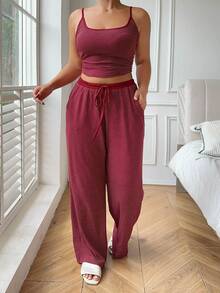 Dazy Plus Conjunto de top de camiseta ajustada a rayas y pantalones de pijama holgados, ropa de estar en casa para mujer talla grande primavera/verano - Rojo - Ver 6
