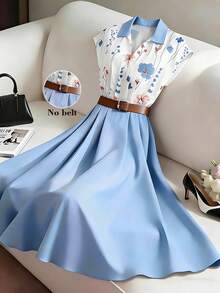 蓝白拼接印花翻领中长连衣裙，收腰显瘦，A字裙摆，夏季 - 彩色 - 查看 4