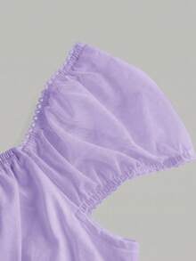 SHEIN Áo thun ngắn tay xếp ly dáng ôm cho thiếu nữ, cổ vuông sâu, tay phồng ren hoa, áo kiểu dự tiệc trà, áo thun mùa hè. - Màu tím - Xem 6