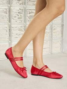 MOTF WOMEN'S ELEGANT MINIMALIST COMMUTING SOLID COLOR BOW DECOR DOUBLE BUCKLE STRAPS BALLET FLATS SHOES FOR CHRISTMAS VALENTINE'S DAY - Red - View 6