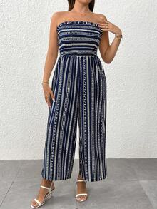 SHEIN Clasi Mono de tubo casual de vacaciones para mujer con pierna ancha, ajuste ceñido - Azul Marino - Ver 7