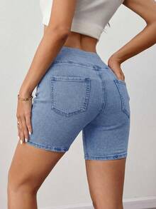 SHEIN Tall 女款牛仔短褲，休閒運動修身顯高健身淺藍色夏季款 - 淺色水洗藍 - 查看 2
