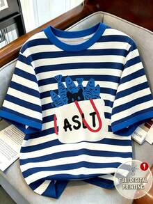 Resyla 女士圆领条纹字母印花休闲百搭日常短袖T恤 - 彩色 - 查看 1