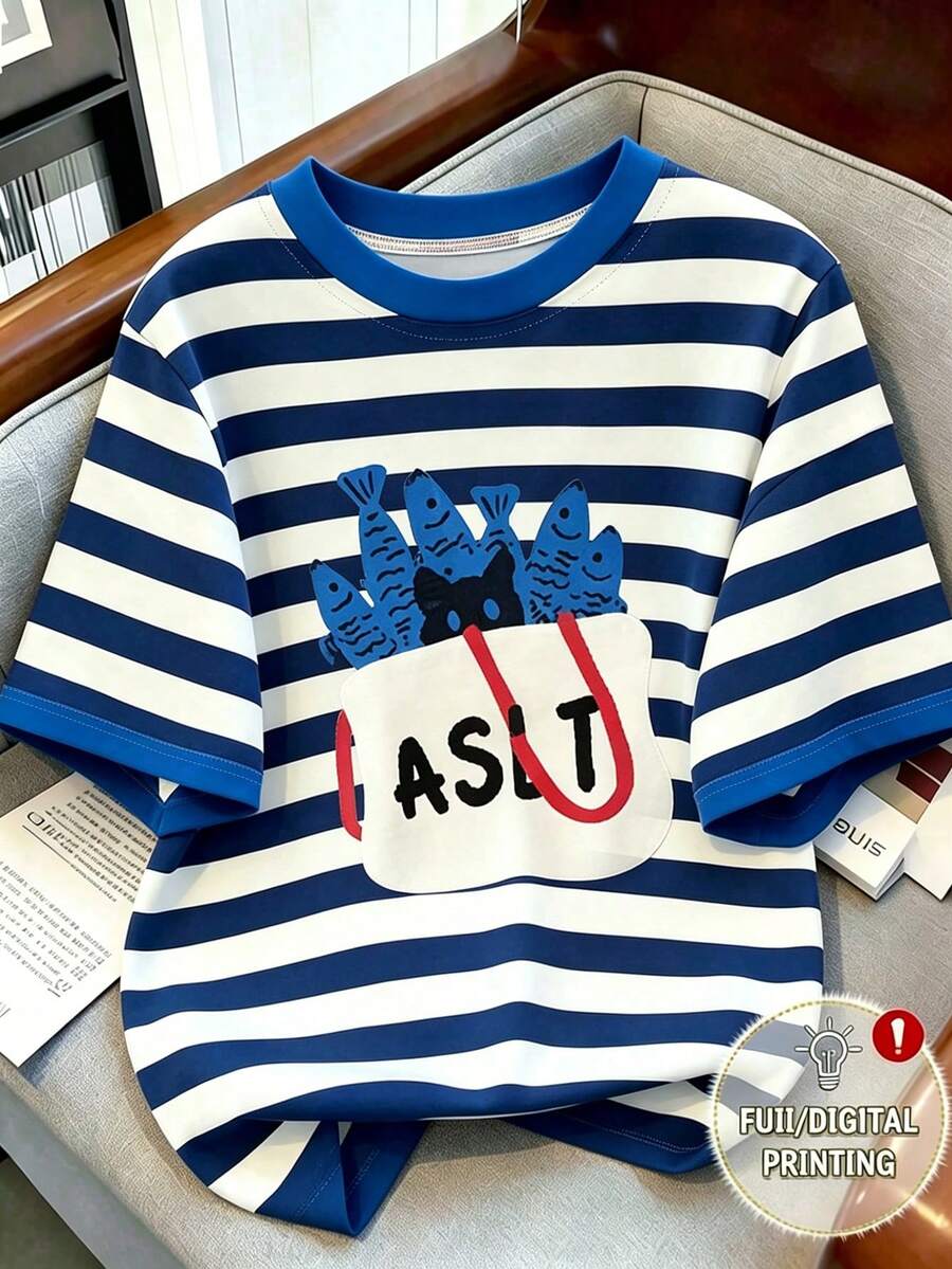 Resyla 女士圆领条纹字母印花休闲百搭日常短袖T恤 - 彩色 - 查看 1