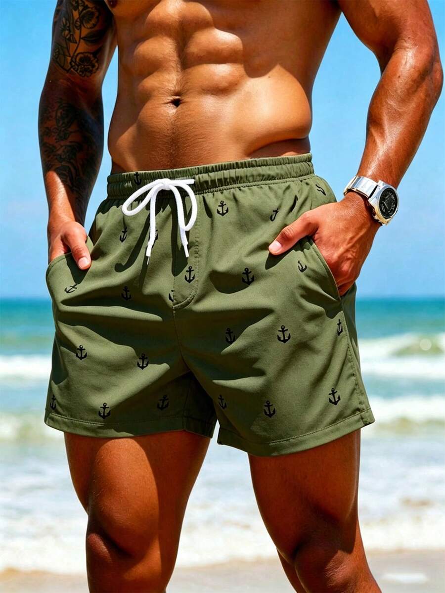 Naviga Onda Men's Anchor Print Slant Pocket Drawstring Waist Casual Beach Shorts, Holiday - Army Green - View 1