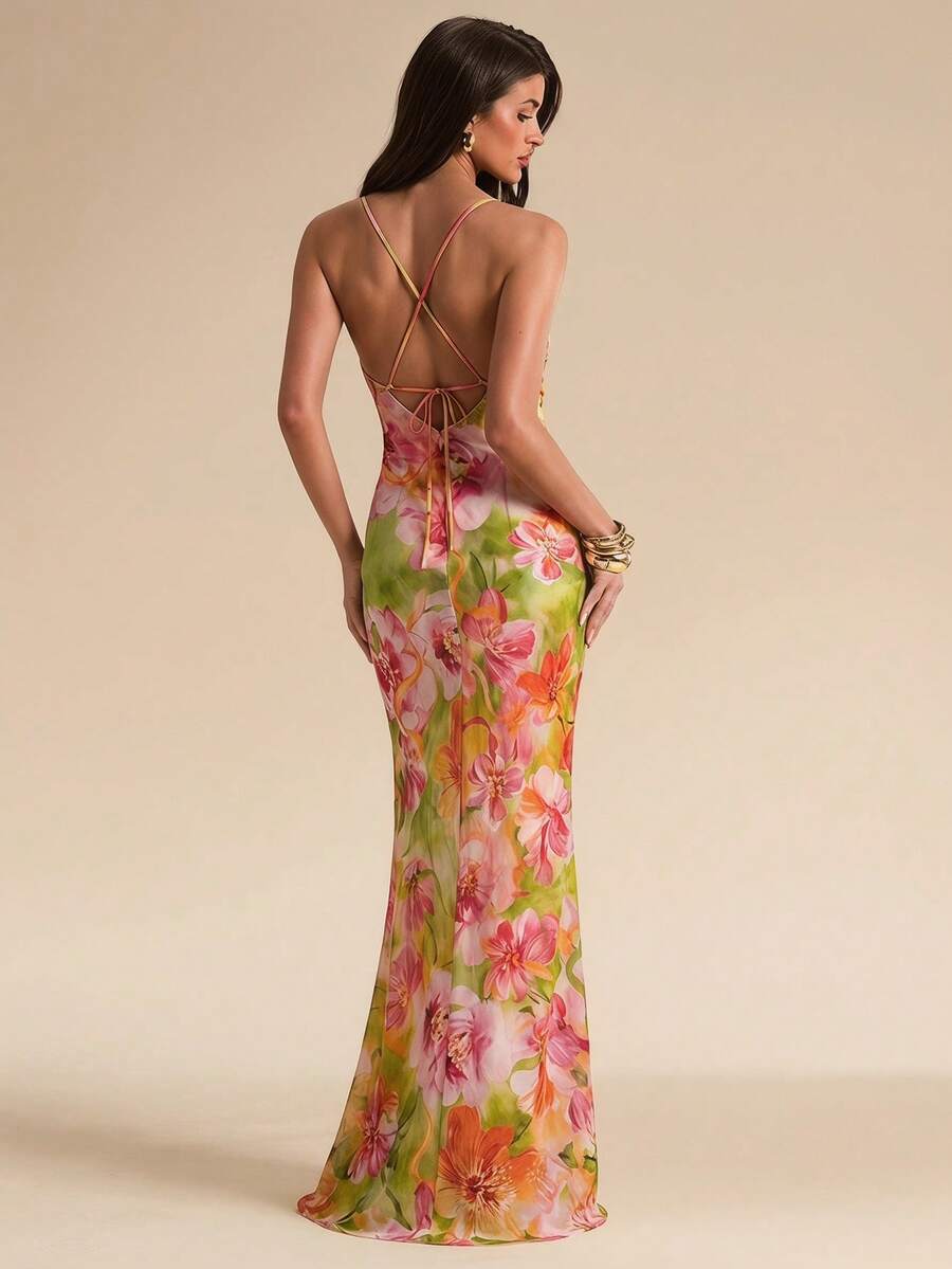 SHEIN BAE Đầm gợi cảm hở lưng, cổ xếp ly, in họa tiết hoa màu xanh lá cây, thích hợp cho kỳ nghỉ biển. - màu xanh lá - Xem 1