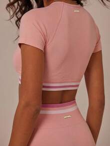 Aralina Women's Striped Raglan Short Sleeve Cropped T-Shirt And Leggings Sports Suit - Pink - View 5