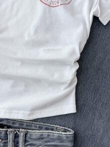 Tween Girl Printed Knit White Polo Collar Casual Short Sleeve T-Shirt - White - View 6