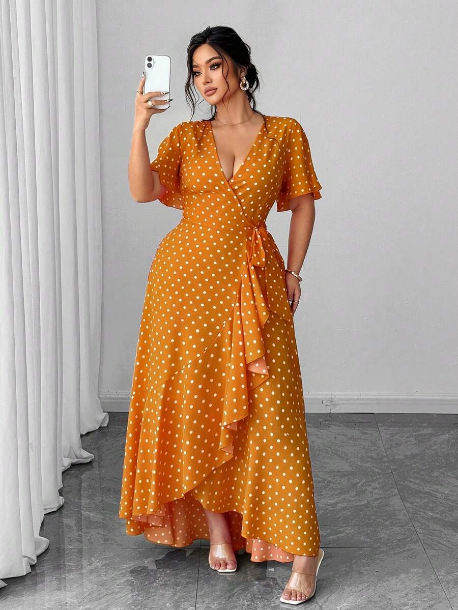 SHEIN Unity Plus Size Polka Dot Wrap Dress With Tie Waist, Ruffle Hem And Side Slit - Yellow - View 1