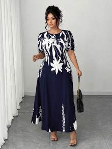 SHEIN PETITE CURVE Plus Size Women Elegant A-Line Dress, Slimming Waist, Suitable For Daily Commute And Beach Vacation Gym Brown Summer - Navy Blue - View 5