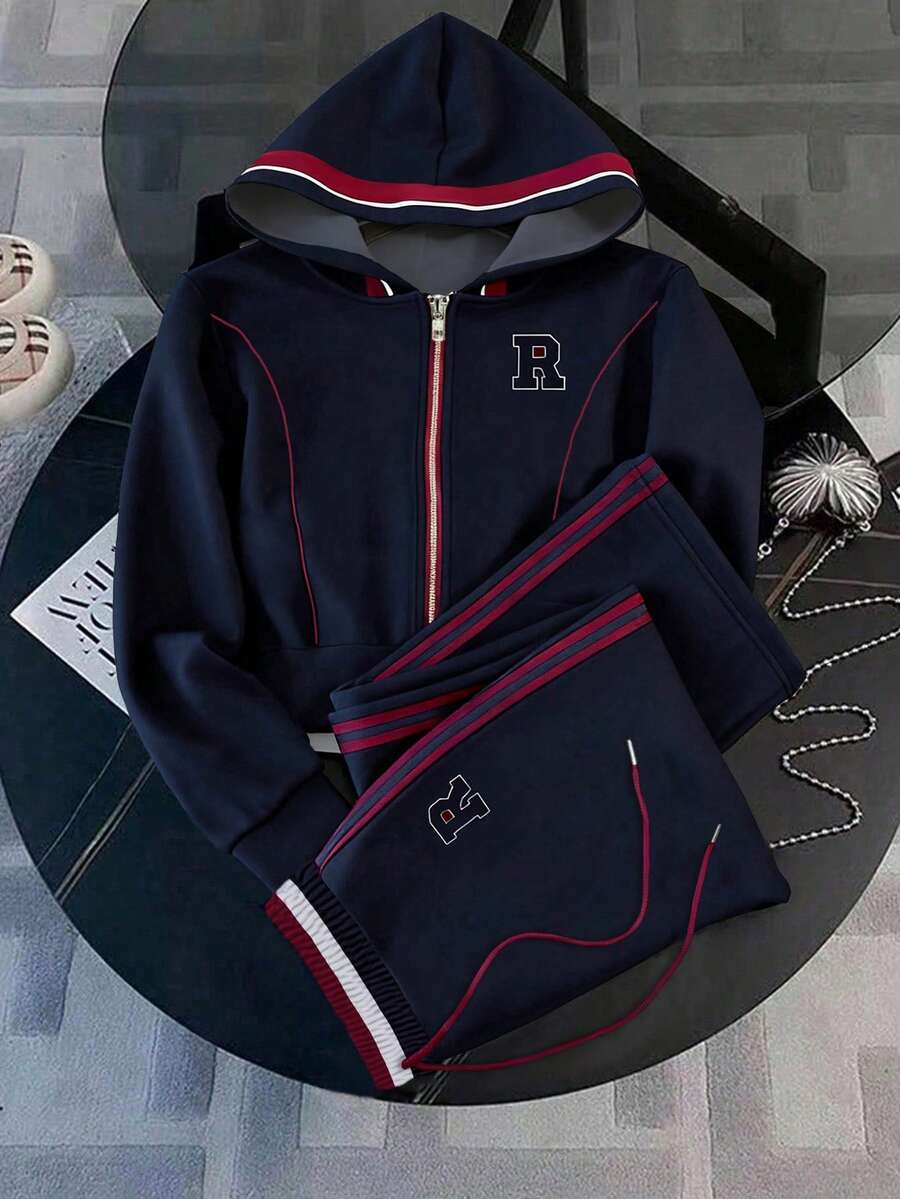 Franclia Regular Hooded Long Sleeve Cardigan Top + Straight Leg Pants - Navy Blue - View 1