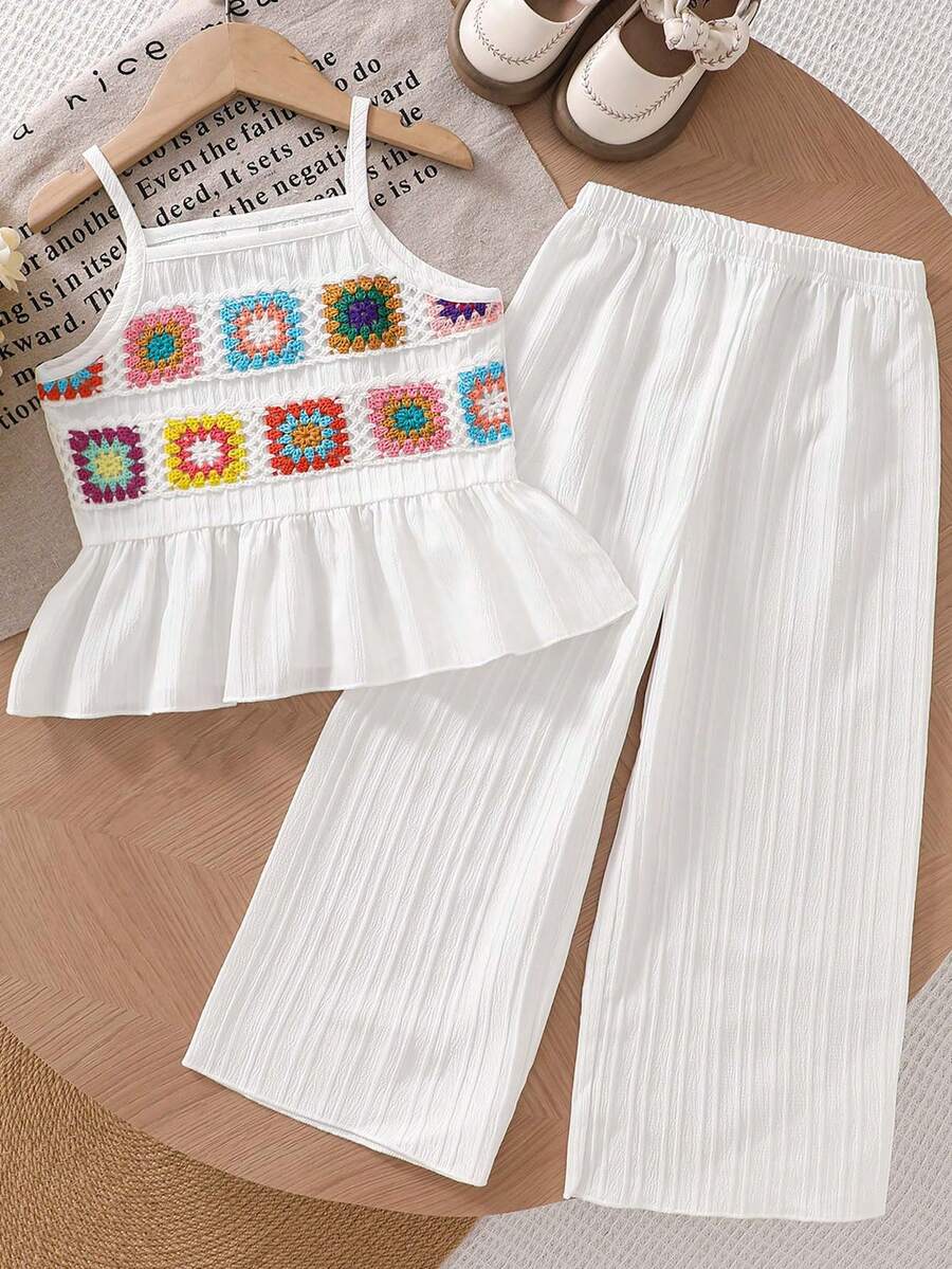 Elladie kids 2件套女童休闲度假3D立体花卉钩编蕾丝边吊带背心+松紧腰宽松阔腿裤套装,夏季度假优雅可爱通勤装 - 白色 - 查看 1
